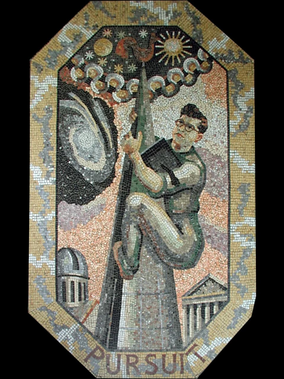 Fred Hoyle - Pursuit (1952) by Boris Anrep, part of a series of mosaics of the Modern Virtues in the entrance hall of the National Gallery, London. It depicts the astronomer Sir Fred Hoyle as a steepl