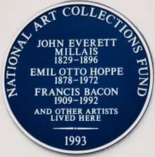 Francis Bacon - Plaque at entrance of the house of Sir John Millais in London. 7 Cromwell Place, Kensington, London SW7 2JN