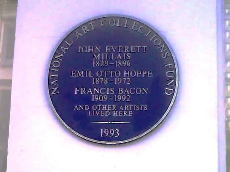 Francis Bacon - Blue Plaque, 7 Cromwell Place, Kensington, reading: National Art Collections Fund  John Everett Millais 1829-1896Emil Otto Hoppe 1878-1972Francis Bacon 1909-1992 and other artists live