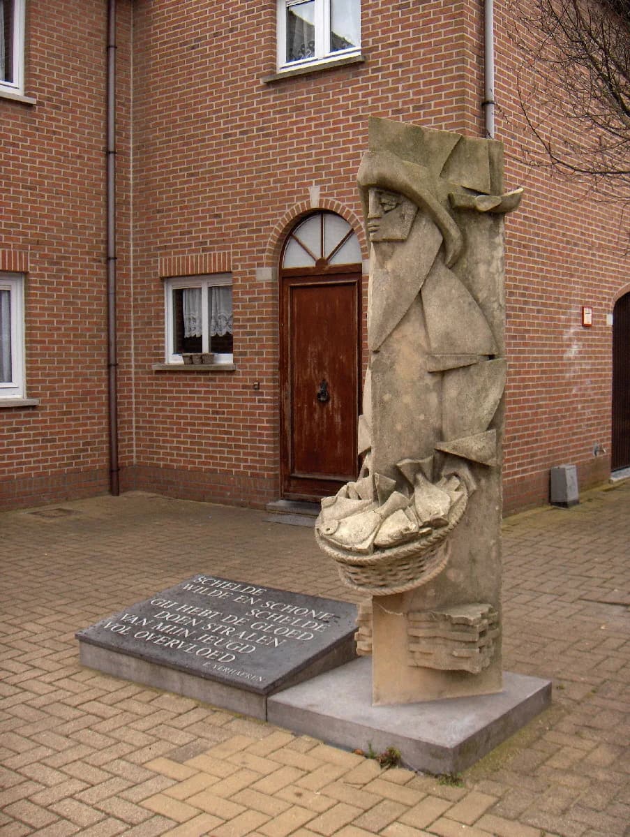 Emile Verhaeren - Doel (Belgien), "De Visser" (Georges Staes), Ecke Havenweg - Vissersstraat. Gedicht von Emile Verhaeren