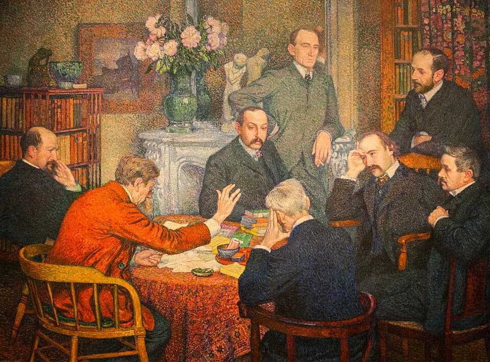 Emile Verhaeren - participants from left: Félix Le Dantec; Émile Verhaeren; Francis Vielé-Griffin; Henri-Edmond Cross; André Gide; Maurice Maeterlinck; Félix Fénéon; Henri Ghéon.