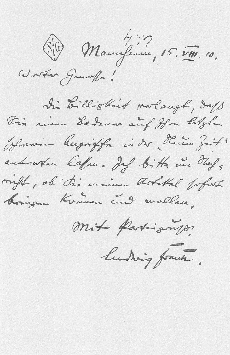 Karl Kautsky - Letter of Ludwig Frank to Karl Kautsky, 15 August 1910. Frank asks Kautsky to publish his contribution in the budget approval debate.