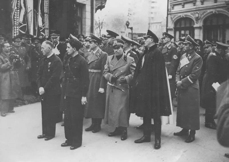 Ion Antonescu - Prime Minister of Romania Ion Antonescu (first row, first from left) and chief of Legionnaires Horia Sima (next to the Prime Minister) in mourning for Corneliu Codreanu and his compani