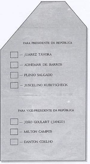 Juscelino Kubitschek - Primeira cédula oficial utilizada no Brasil. Eleições para presidente, 1955.