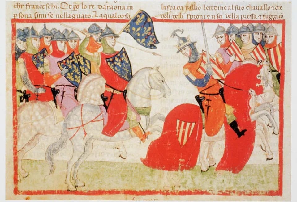 Philip III of France - Nuova cronica. f.137v (1.VIII,103)
ms. Chigiano L VIII 296. Pere III d'Aragó és ferit l’any 1285.