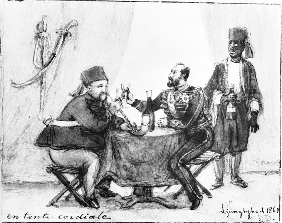 Carl XV of Sweden - Fredrik VII of Denmark and Carl XV of Sweden sit tippling in the bivouac in Ljungbyhed in 1860.