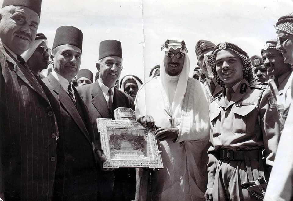 Saud of Saudi Arabia - The royal visit of King Saud bin AbdulAziz Al Saud of the Kingdom of Saudi Arabia and King Hussain of the Hashemite Kingdom of Jordan to the Holy City of Jerusalem in 1953.