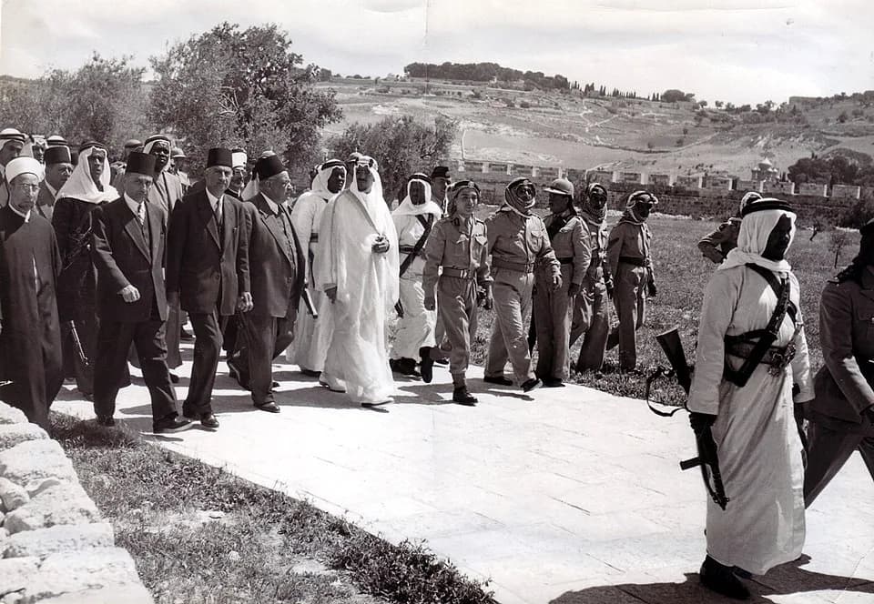 Saud of Saudi Arabia - The royal visit of King Saud bin AbdulAziz Al Saud of the Kingdom of Saudi Arabia and King Hussain of the Hashemite Kingdom of Jordan to the Holy City of Jerusalem in 1953.