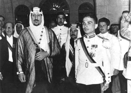 Saud of Saudi Arabia - King Hussein of Jordan with King Saud bin Abdul Aziz of Saudi Arabia. Behind them are Prince Nayef bin Abdullah, King Hussein's uncle, and Jordanian Prime Minister Tawfiq Abul H