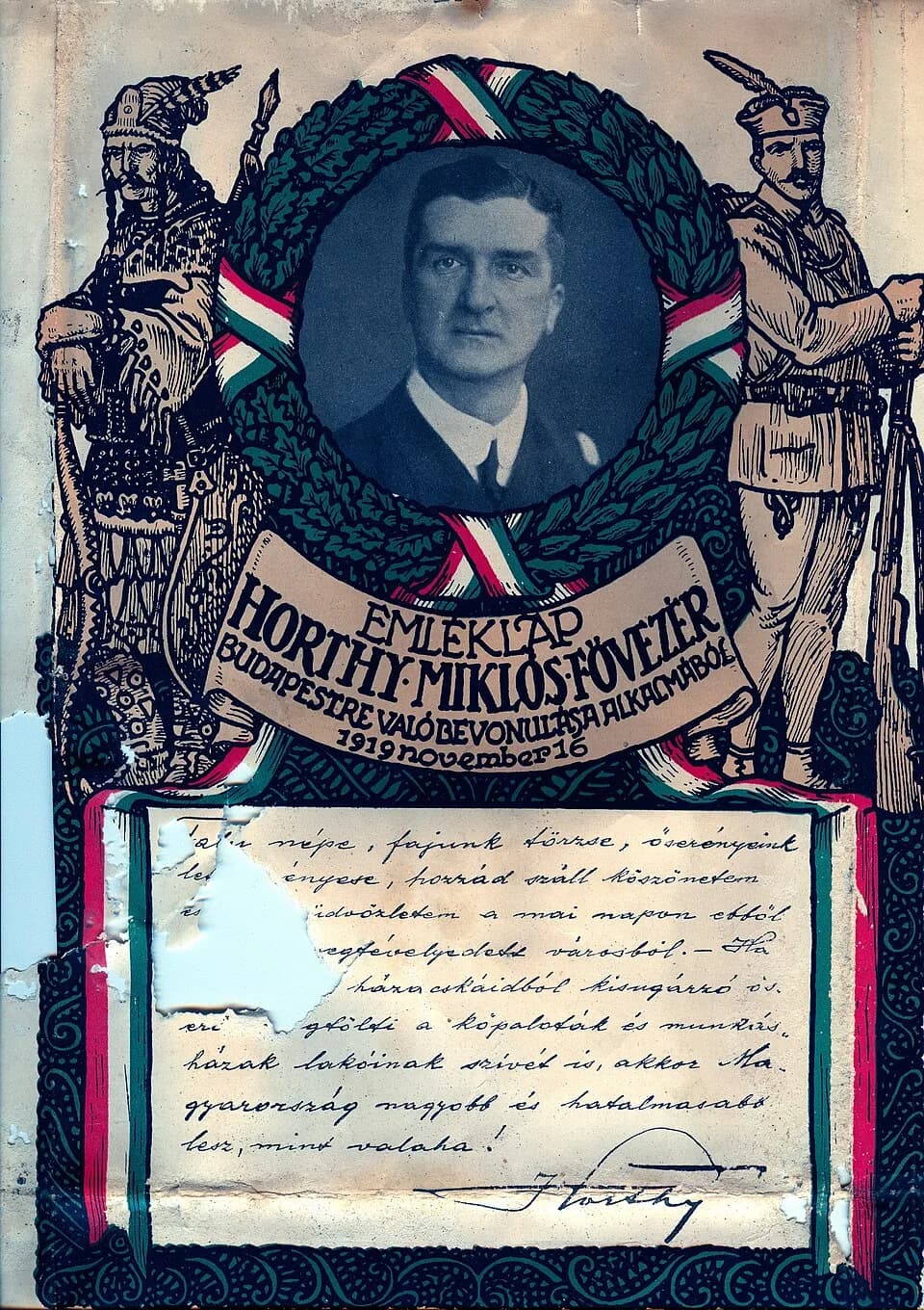 Miklós Horthy - Horthy Miklós emléklapja a falusi néphez.A teljes szöveg :Falu népe, fajunk törzse, őserényeink letéteményese, hozzád száll köszönetem és meleg üdvözletem a mai napon ebből a nagy megt