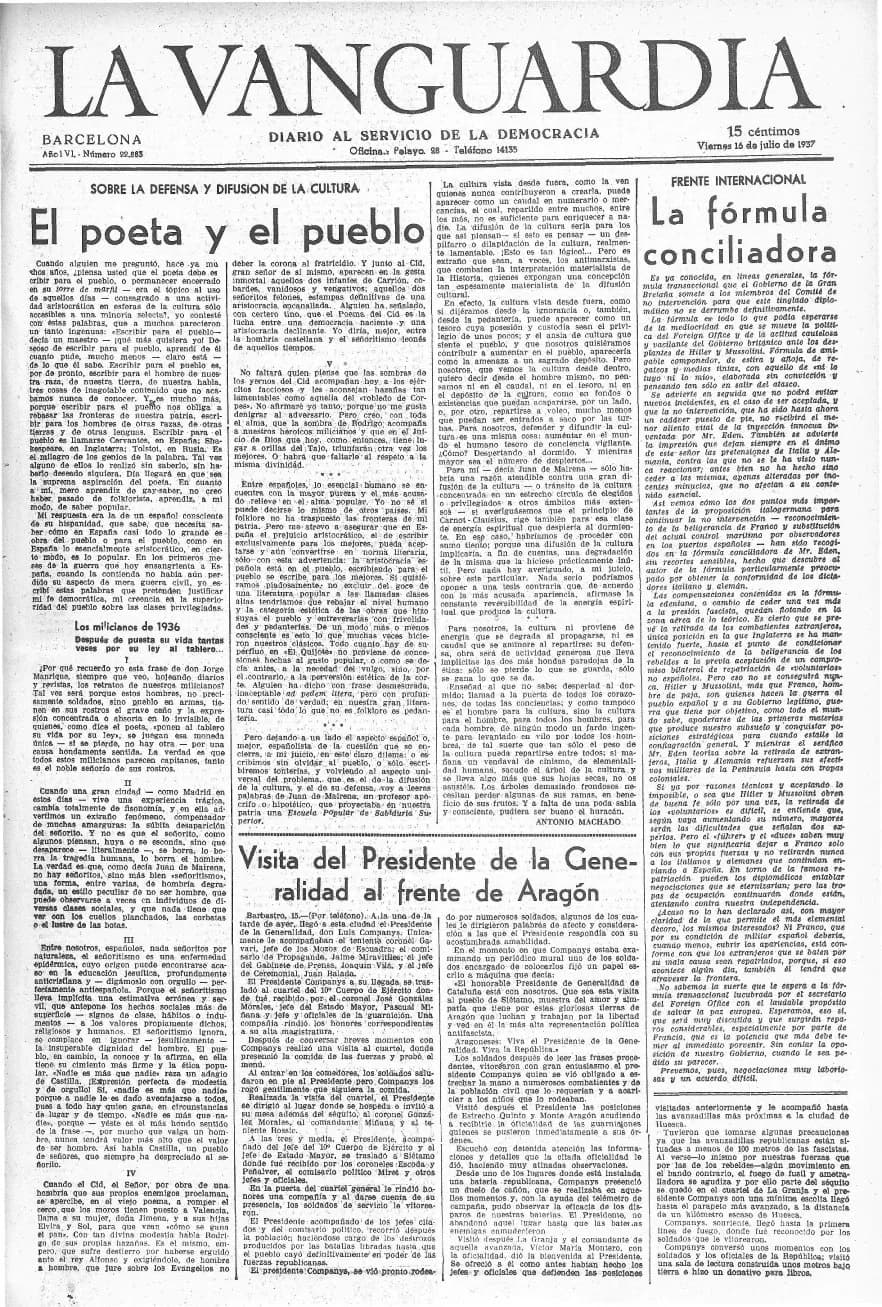 Antonio Machado - Front page of La Vanguardia