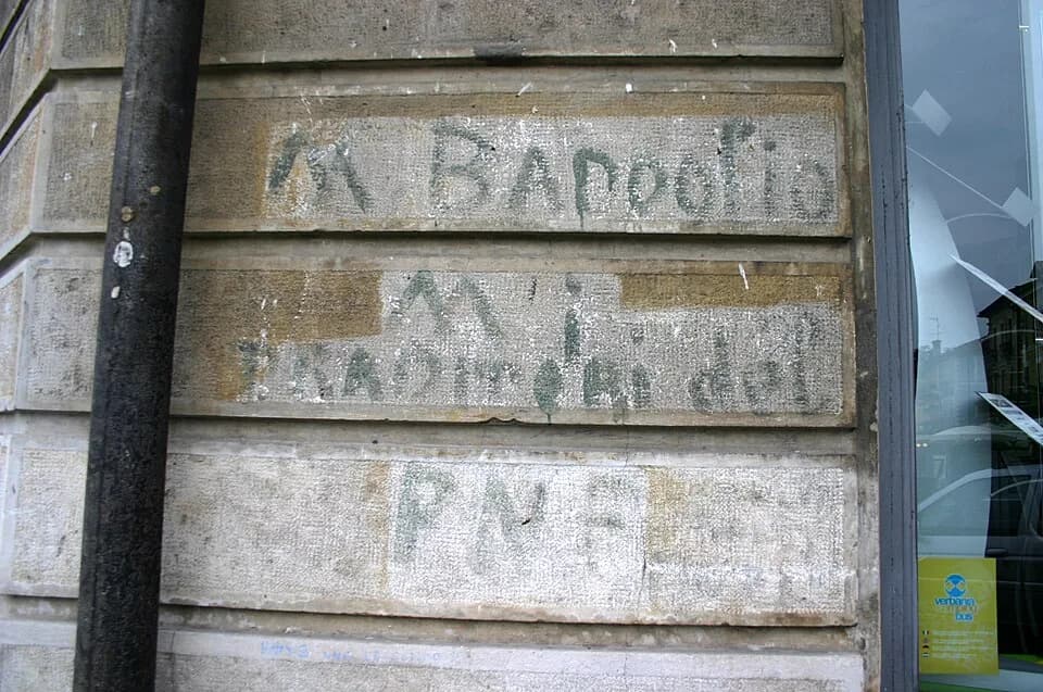 Pietro Badoglio - A Fascist political graffiti dating from 1943/45, during the Repubblica Sociale Italiana, resurfacing in Verbania-Pallanza. It reads "Down with Badoglio. Down with traitors of the PN