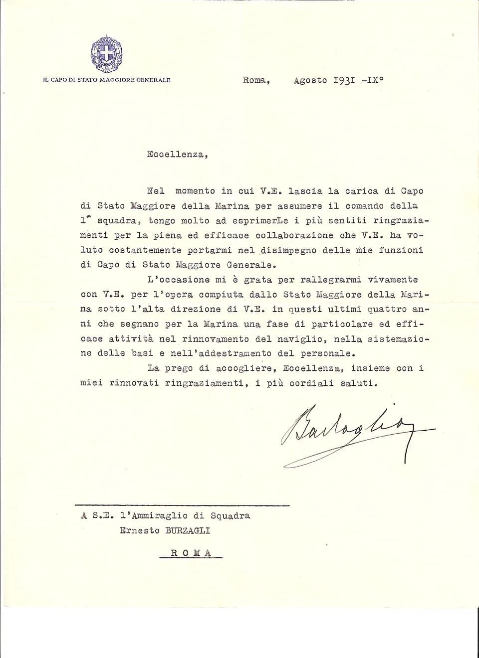 Pietro Badoglio - Personal thanks by General Pietro Badoglio to retiring Admiral Ernesto Burzagli for his good work as Chief of Naval Staff.