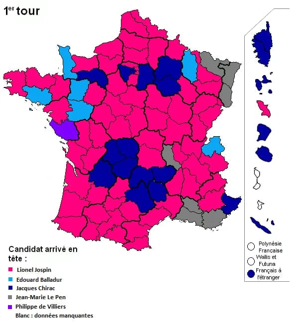Lionel Jospin - Candidat arrivé en tête du 1er tour des élections présidentielles françaises de 1995, département par département