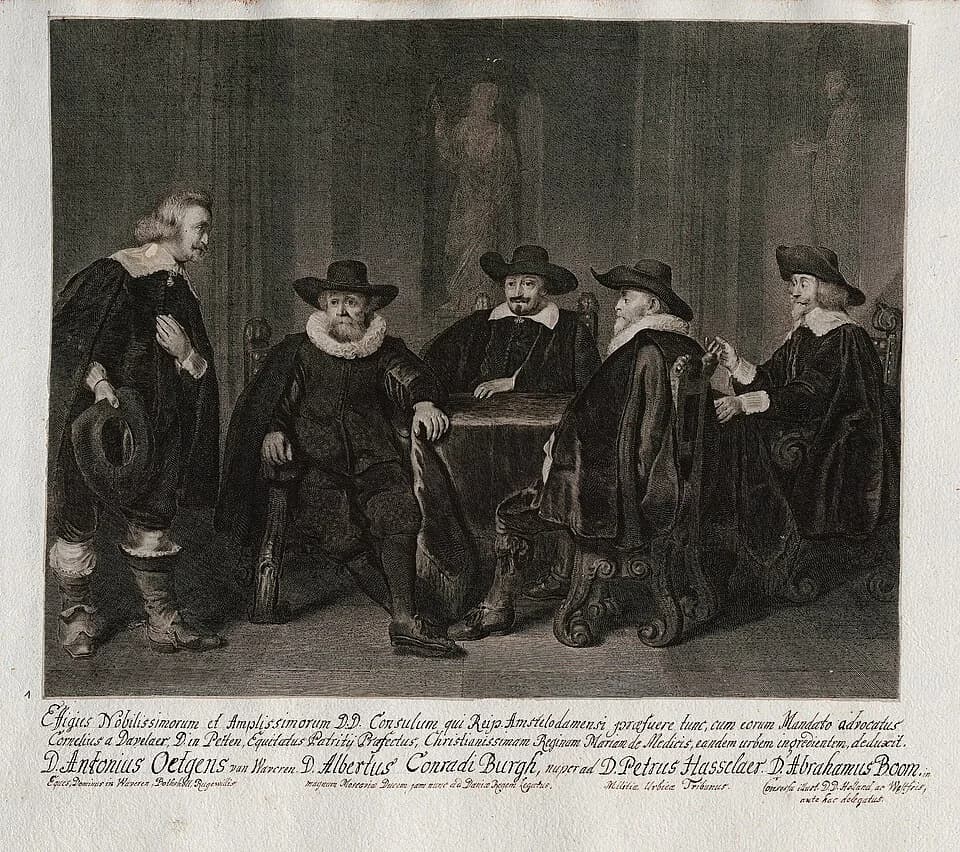 Marie de' Medici - Grafik aus dem Klebeband Nr. 15 der Fürstlich Waldeckschen Hofbibliothek Arolsen
Motiv: Die vier Amsterdamer Bürgermeister warten auf die Nachricht der Ankunft des feierlichen Einzu