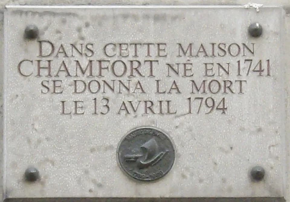 Nicolas Chamfort - Plaque apposée au n° 10 de rue Chabanais, Paris 2e. « Dans cette maison, Chamfort, né en 1741, se donna la mort le 13 avril 1794. »