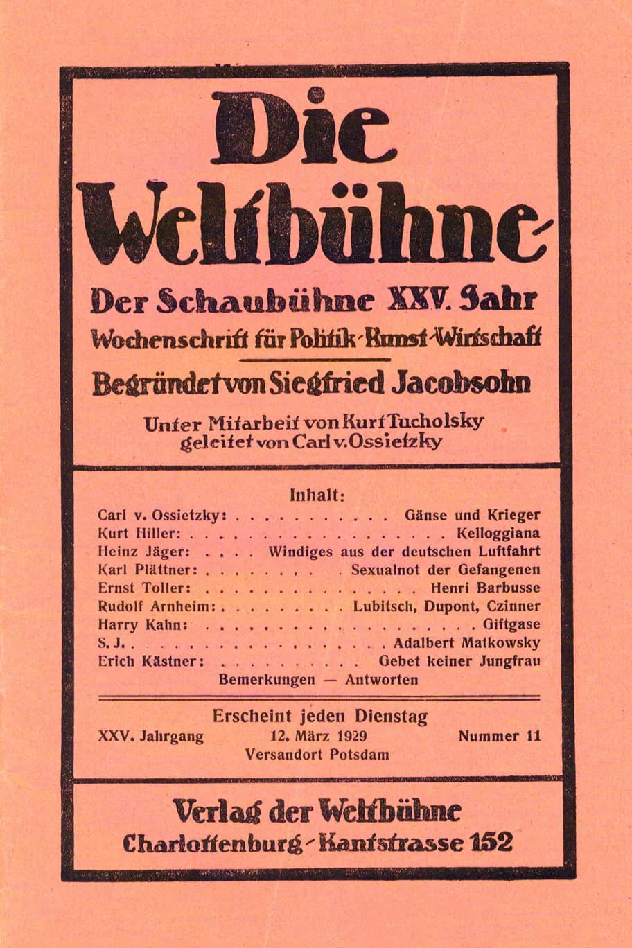 Carl von Ossietzky - Cover of "Die Weltbühne", german journal