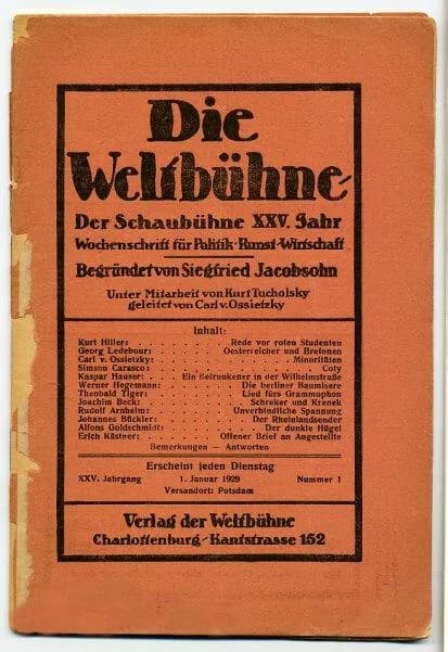 Carl von Ossietzky - Die Weltbühne. XXV. Jahrgang, Nummer 1, vom 1. Januar 1929. Mit Beiträgen von Kurt Tucholsky (als Kaspar Hauser, Theobald Tiger, Ignaz Wrobel), Carl von Ossietzky (auch als Simson