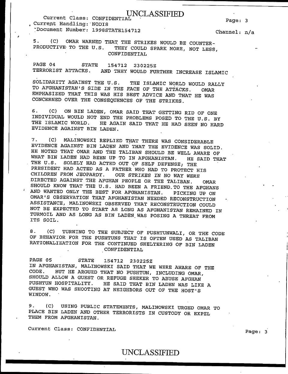Mohammed Omar - Page 3 of a U.S. State Department cable describing an August 23, 1998, conversation between an American official and Taliban leader Mullah Omar.