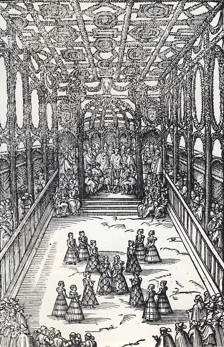 Margaret of Valois - Woodcut of a court ballet performed at the Tuileries Palace, Paris, in 1573 in honour of Polish envoys visiting to present the throne of Poland to Catherine de' Medici's son Henry