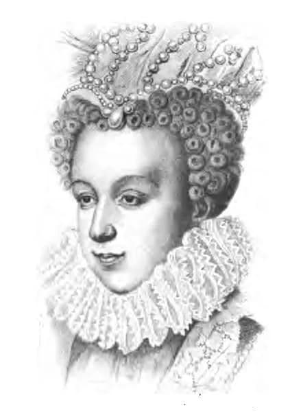 Margaret of Valois - Portrait of Marguerite of Valois, from an old engraving. Frontispiece from Lives of Fair and Gallant Ladies, by the Seigneur de Brantôme, tr. A. R. Allinson, published by the Alex