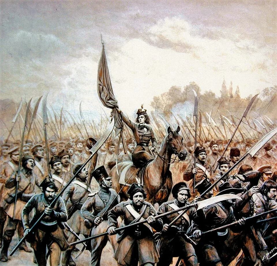 Emilia Plater - Emila Plater conducting Polish scythemen in 1831.jpg