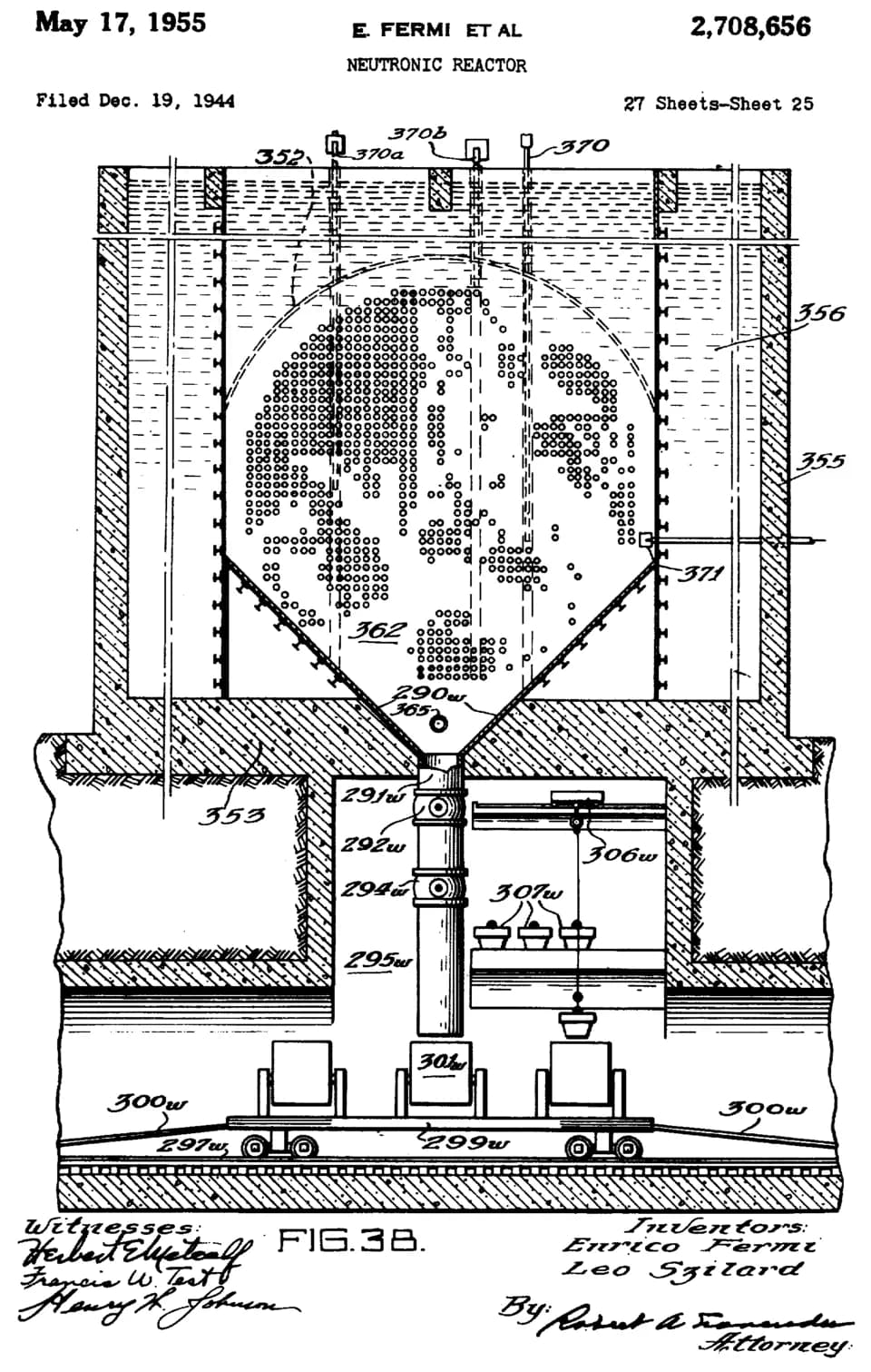 Leó Szilárd - Vertical section view (partly in elevation) of a liquid cooled reactor shown in Fig. 37, and taken as indicated by line 38—38 in Fig. 37

from "Neutronic Reactor" patent awarded to Enric