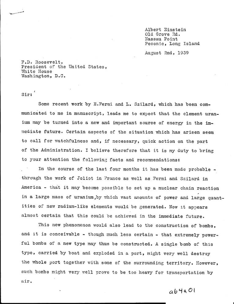 Leó Szilárd - Facsimile of the letter of Einstein (Szilárd) to President F. D. Roosevelt