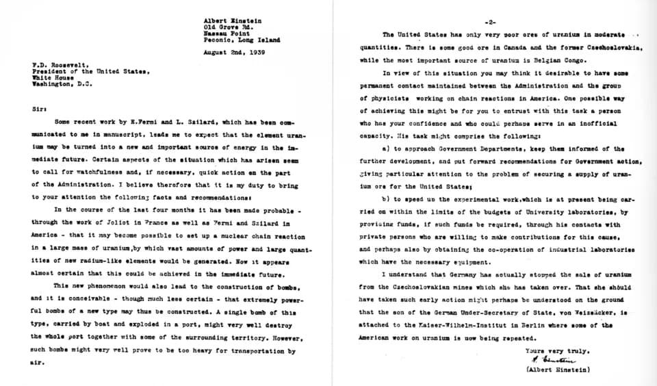 Leó Szilárd - Scan of the letter sent to U.S. President Franklin D. Roosevelt on August 2, 1939, was signed by Albert Einstein but largely written by Hungarian physicist Leo Szilard. For more informat