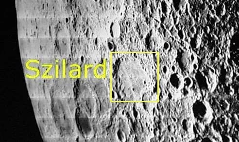 Leó Szilárd - Photo Number V-181-M.  Image of lunar impact crater Szilard, 34.0Â°N/105.7Â°E, named for physicist en:Leo Szilard. This image has been edited to make it suitable for use in an article.