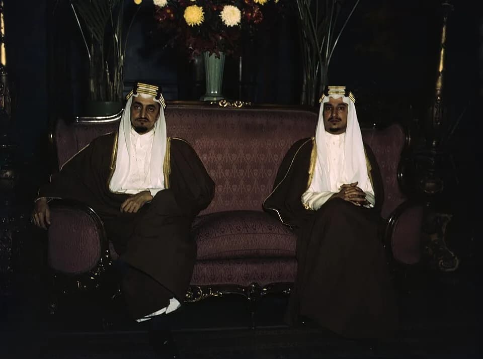 Khalid of Saudi Arabia - Amir Khalid (right) and Amir Faisal (left), sons of King Ibn Saud of Saudi Arabia. Original caption: "Their Royal Highnesses recently concluded an extensive visit in the Unite