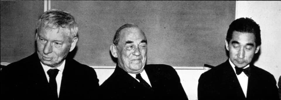 Kenzō Tange - Photograph of the architects Louis Kahn, Alvar Aalto, and Kenzo Tange in Milan, Italy, in 1964, when they received honorary doctorates.