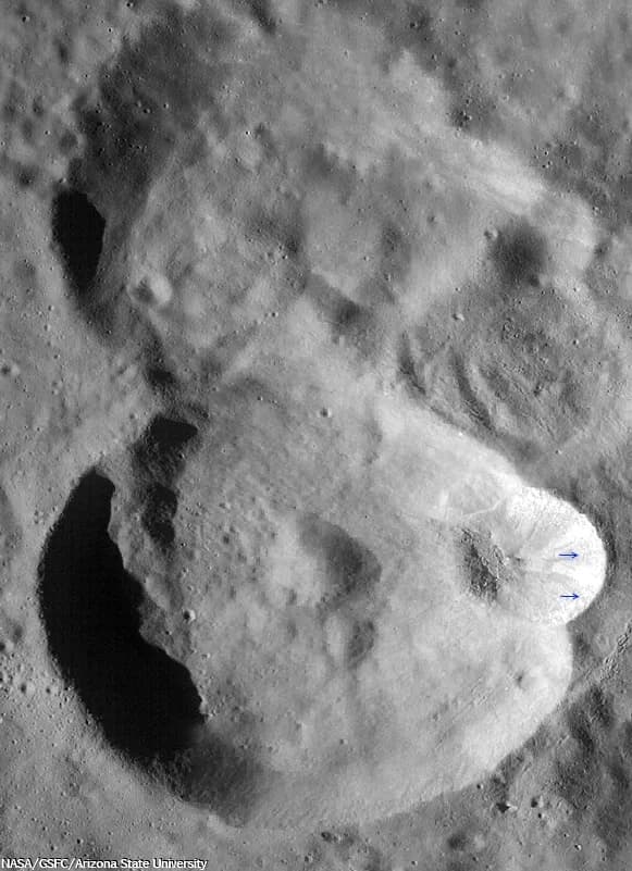 Artturi Ilmari Virtanen - Crop from LROC Wide Angle Camera (WAC) monochrome (643 nm) observation M118695906ME, LRO orbit 2626, January 26, 2010 of the 44 km-wide crater Virtanen (below, near 15.80°N, 