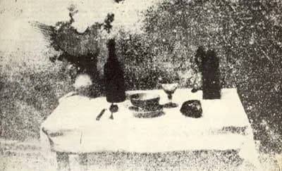 Nicéphore Niépce - Still life of a set table, by Joseph Nicéphore Niépce, 1824-1833, the second earliest known camera photograph of which any visual record has survived. It is seen here in a late 19th