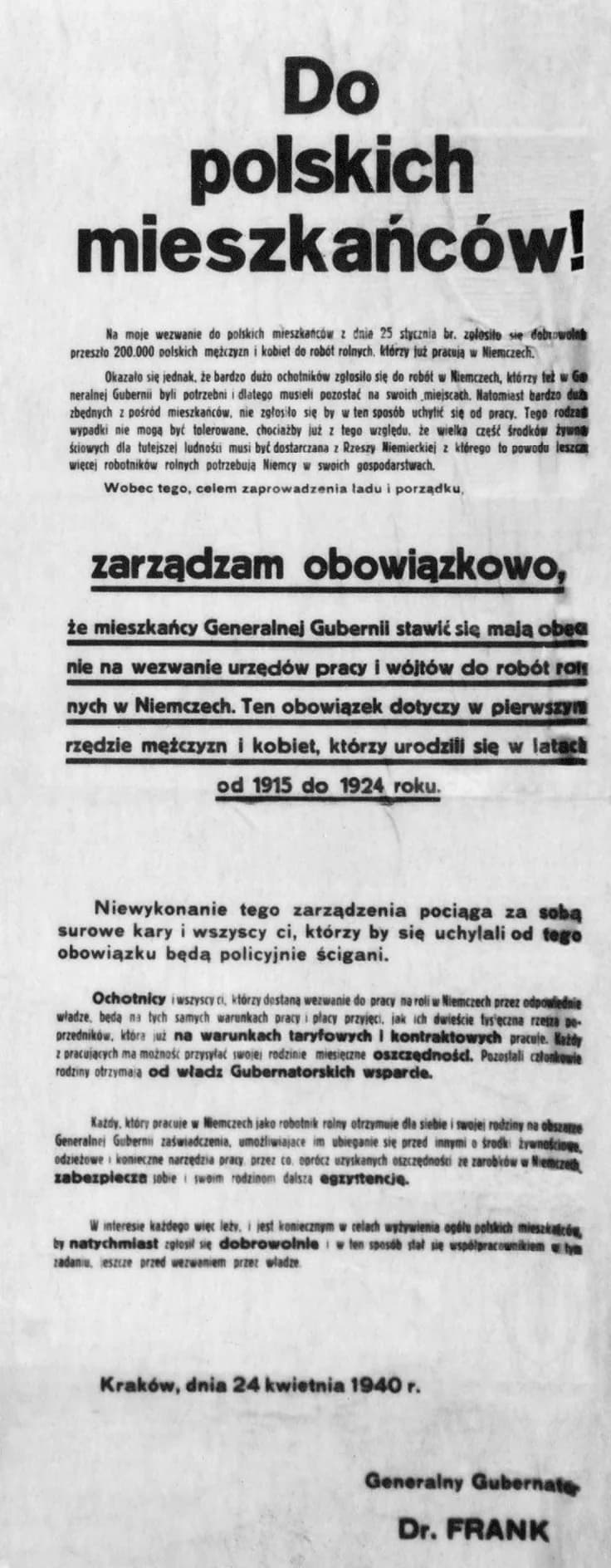 Hans Frank - Announcement by Hans Frank about force labor
