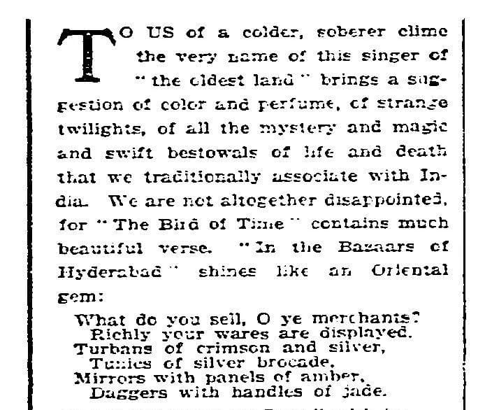 Sarojini Naidu - In the Bazaars of Hyderabad, (Newspaper cut out, published in 1913)