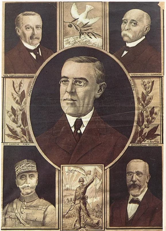 Eleftherios Venizelos - Greek lithograph depicting the Greek Prime Minister Eleftherios Venizelos along with the principal Allied leaders of World War I, David Lloyd George, Georges Clemenceau, Ferdin