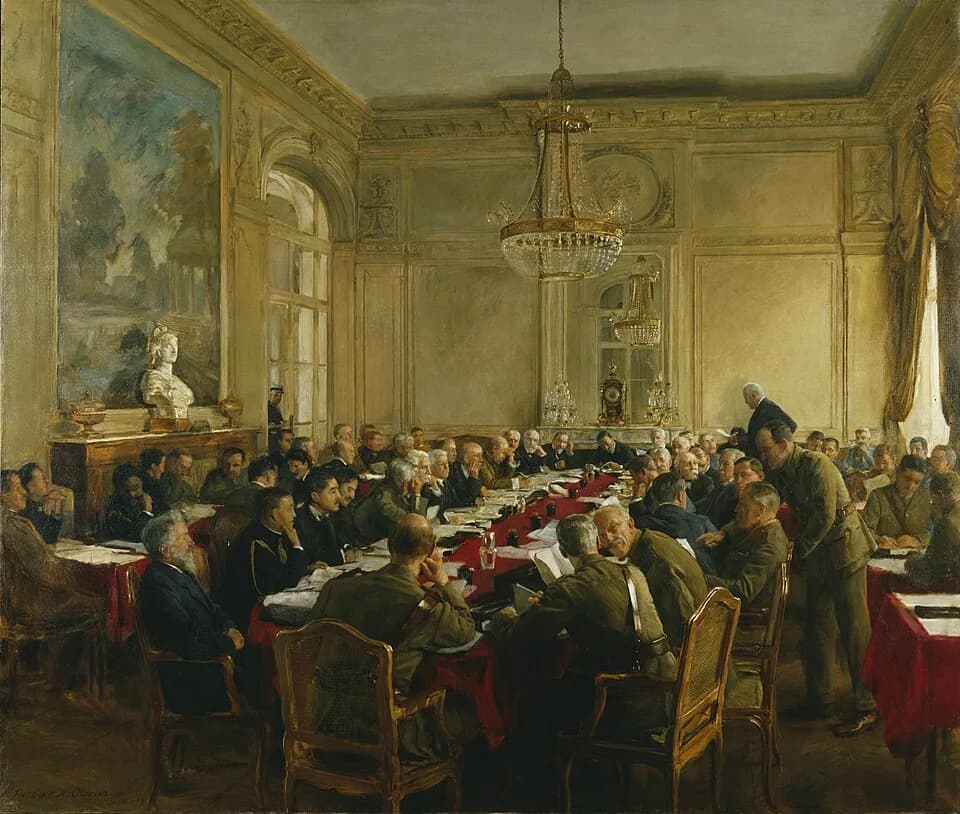 Eleftherios Venizelos - The Terms of the Armistice, 3rd and 4th November, 1918
image: A view inside a large ornately decorated room in the palace at Versailles, with senior military personnel and
poli