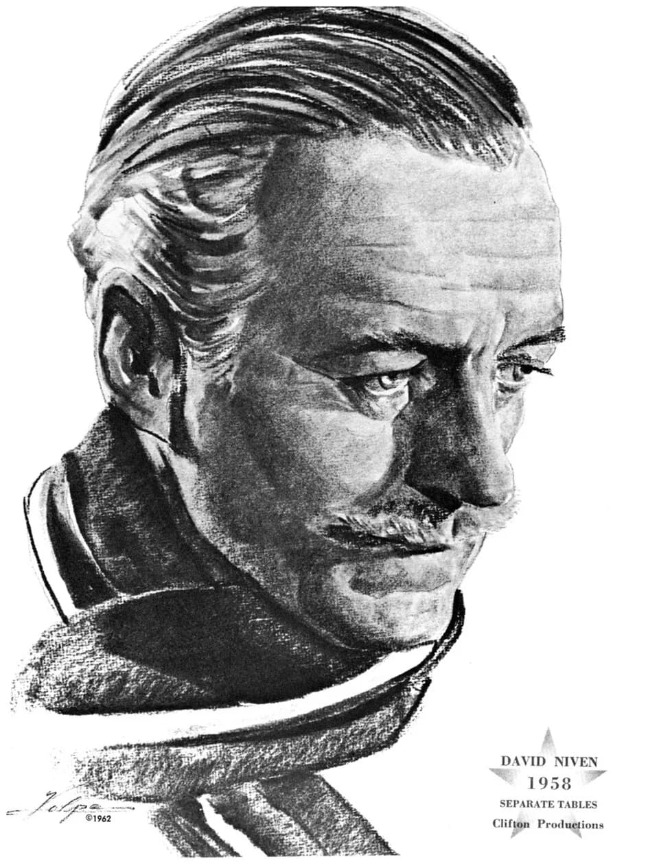 David Niven - A charcoal drawing reprint of David Niven after winning an Academy Award in 1958.