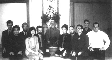 Morihei Ueshiba - Morihei Ueshiba ( 'O-Sensei') founder of Aikido martial art with foreign students at birthday party at Tokyo Aikikai Hombo dojos, 1960s. From left to right: Alan Ruddock, Henry Kono,