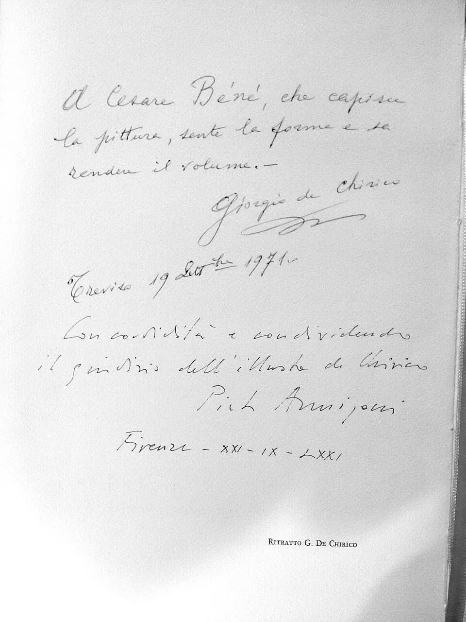 Giorgio de Chirico - Dedica scritta da Giorgio de Chirico a Cesare Benedetti (Treviso, 19 settembre 1971)