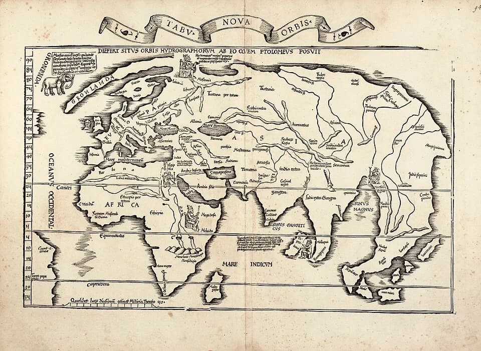 Michael Servetus - A New World Map (Tabu. Nova Orbis) by Laurent Fries, one of the two modern world maps of the 1522 Strassburg edition of Ptolemy's 'Geography'; largely based on a 1513 map by Martin