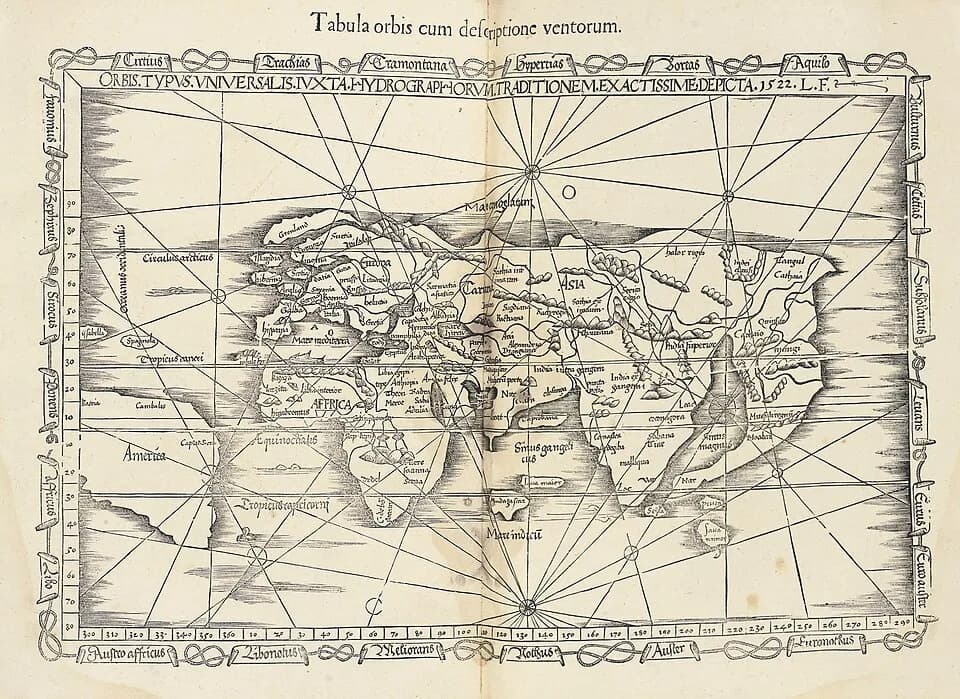 Michael Servetus - A Map of the World with Description of the Winds (Tabula Orbis cum Descriptione Ventorum), a woodblock map by Laurent Fries reprinted as Geographicae Enarrationis Libri VIII by Gasp