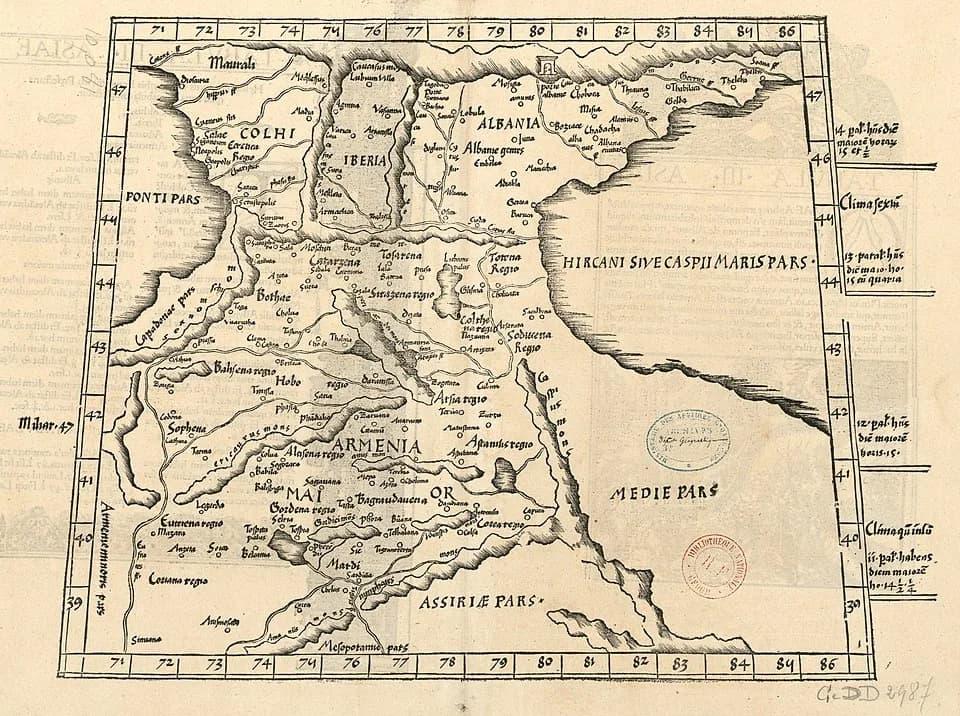 Michael Servetus - Asiae Tabula III : Colchis, Iberia, Albania, Armenia maor / [Ptolémée]
Dimensions: height: 37 cm (14.5 in); width: 51 cm (20 in)dimensions QS:P2048,37U174728dimensions QS:P2049,51U1