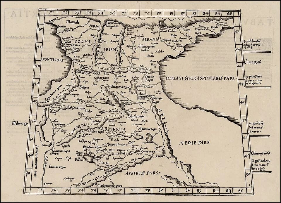 Michael Servetus - Laurent Fries's 1st edition of Ptolemy's 3rd Asian Map (Tabula Tertia Asiae), depicting Armenia Major, Albania, Colchis, and Iberia. One of the earliest obtainable maps of the regio
