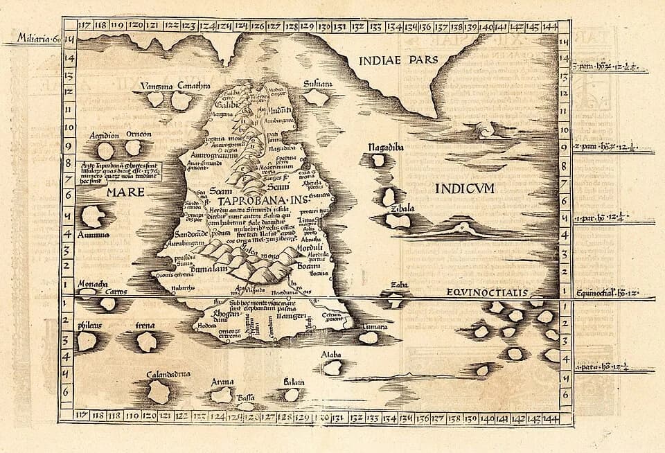 Michael Servetus - Ptolemy's 12th Asian Map (Tabula XII Asiae) by Laurent Fries from Michel Servet's 1535 reprint of his 1522 maps for Ptolemy's Geography (Cosmographia), depicting Taprobane (Taproban