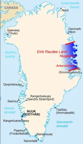 Erik the Red - Map over Eirik Raudes Land (Norwegian version). Extension of the part of Greenland occupied by Norway in 1931 - 1933
