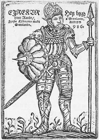 Erik the Red - Eric the Red (Eiríkur rauði). Woodcut frontispiece from the 1688 Icelandic publication of Arngrímur Jónsson's Gronlandia (Greenland). Fiske Icelandic Collection.

EIREKUR hinn Ravde/, f