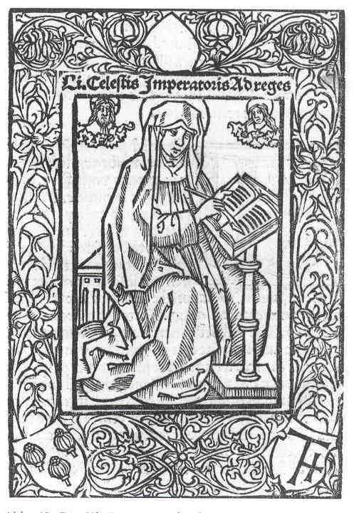 Bridget of Sweden - Die Hl. Birgitta. Holzschnitt aus Sunte Birgitten Openbaringe (Hans van Ghetelen 1496); mit "Mohnkopf"- und "T"-Wappen im Rahmenwerk