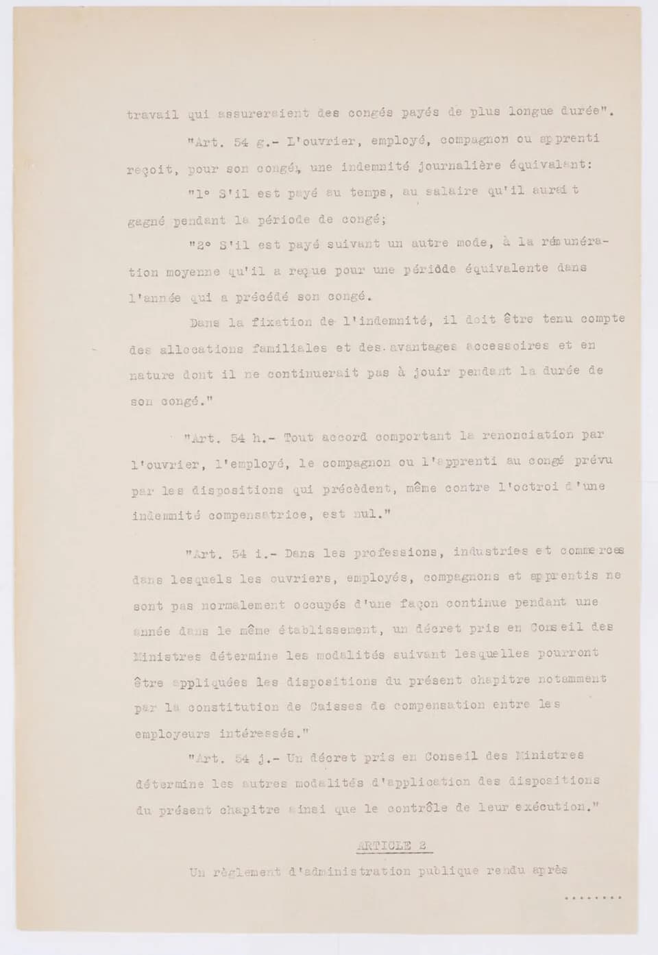 Albert François Lebrun - Loi du 20 juin 1936 instituant un congé annuel payé dans l'industrie, le commerce, les professions libérales, les services domestiques et l'agriculture. La loi a été insérée a